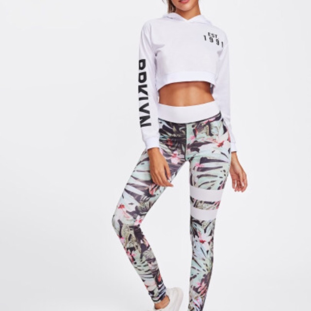 Floral Print Striped Skinny Leggings